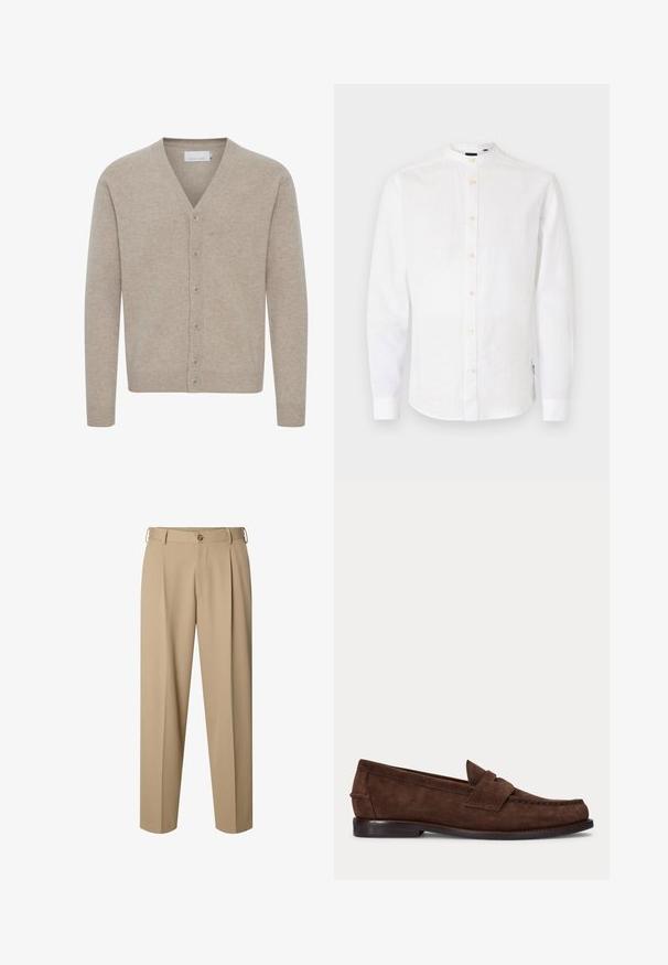 Beige Cardigan aus weichem Stoff, mit V-Ausschnitt, sieben Knöpfen, gerippten Bündchen und Saum sowie einer glatten Textur.; Weißes Langarmhemd mit Stehkragen, Knopfleiste und einem strukturierten Stoff. Es hat einen geraden Schnitt und Knopfmanschetten.; Beige maßgeschneiderte Hose mit vorderen Falten, Gürtelschlaufen, Knopfverschluss und geradem Bein.; Brauner Wildleder-Pennyloafer mit niedrigem Absatz und sichtbarer Naht an Zehen-, Seiten- und Rückbereich, dargestellt auf hellem, einfarbigem Hintergrund.