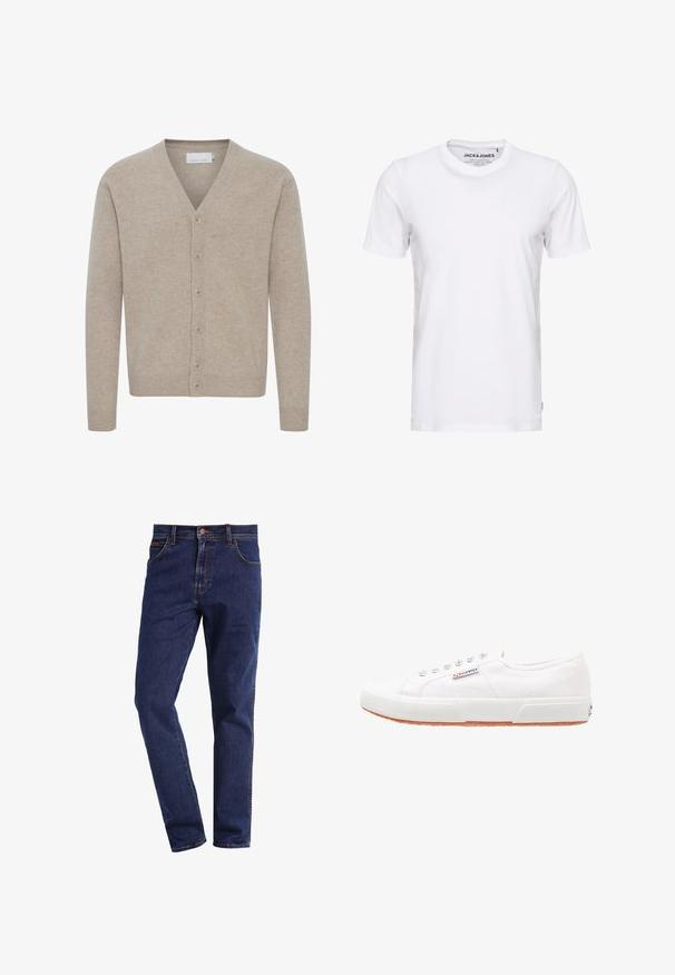 Beige cardigan lavet af blødt stof, med V-udskæring, lukning med syv knapper, ribbede manchetter og kant, med en glat tekstur.; Hvid t-shirt med korte ærmer lavet af bomuld, med en rund hals og et enkelt design. Brandtag synlig på halsområdet. Ingen mønstre eller accenter.; Mørkeblå straight-leg denimbukser med frontlommer, knaplukning, bæltestropper og synlig syning.; Hvide kanvas sneakers med gummisål, snørebåndsdesign og et lille logo mærke på siden. Tekstureret hvid overdel og brun ydersål.