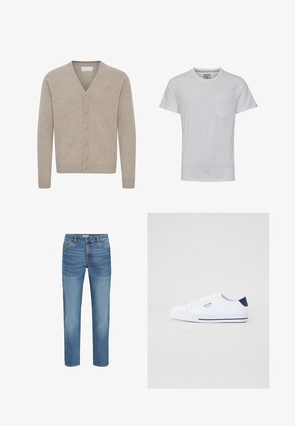 Beige cardigan van zacht materiaal, met een V-hals, sluiting met zeven knopen, geribbelde manchetten en zoom, en een gladde textuur.; Witte T-shirt met korte mouwen, ronde hals en een borstzak. Gemaakt van een zachte stof, met opgerolde mouwen en een relaxte pasvorm.; Lichtblauwe denim jeans met een klassiek recht model, voorzien van vijf zakken, metalen knoopsluiting en een lichte vervaging op de stof.; Witte canvas sneakers met een marineblauwe hielaccent, platte rubberen zool, ronde neus en witte veters. Kenmerkt logo op de zijkant.