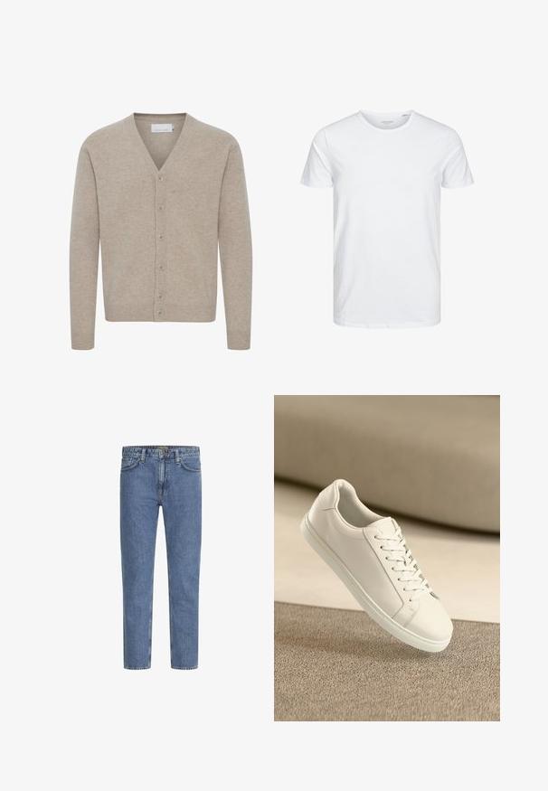 Beige cardigan lavet af blødt stof, med V-udskæring, lukning med syv knapper, ribbede manchetter og kant, med en glat tekstur.; Rundhals kortærmet t-shirt i ensfarvet hvid, lavet af blød bomuld, har et simpelt design uden synlige mønstre eller detaljer.; Lyseblå denimjeans med lige ben, fem lommer og kontrastsyede syninger. Let falmet for et slidt look. Kraftig metal knap.; Hvide lædersneakers med hvide snørebånd, præsenteret på en beige tekstureret overflade og med en blødt uskarp baggrund.