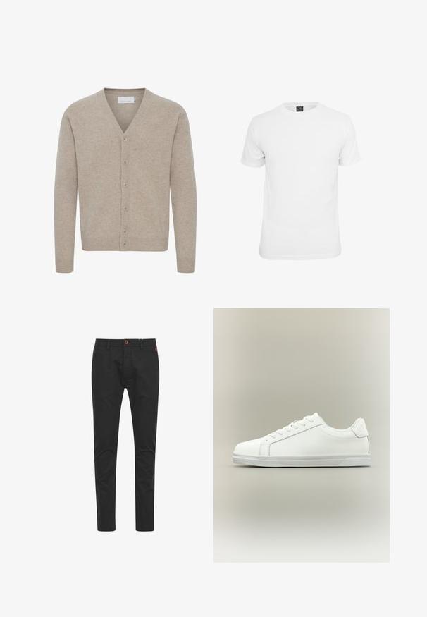 Beige cardigan van zacht materiaal, met een V-hals, sluiting met zeven knopen, geribbelde manchetten en zoom, en een gladde textuur.; Witte t-shirt met korte mouwen, gemaakt van katoen, voorzien van een ronde hals en een soepele textuur, ontworpen voor casual gebruik.; Zwarte chinos met een slim fit, gemaakt van katoen, voorzien van een bruine knoopsluiting, vier zakken en klassieke stikseldetails.; Witte lage sneaker met veterluiting aan de voorkant en een gestructureerde rubberen zool tegen een neutrale achtergrond.