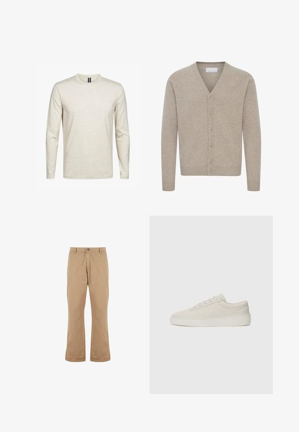 Beige cardigan van zacht materiaal, met een V-hals, sluiting met zeven knopen, geribbelde manchetten en zoom, en een gladde textuur.; Lange mouw T-shirt in lichtbeige, gemaakt van zachte katoen. Heeft een ronde hals en een minimalistisch ontwerp zonder patronen of accenten.; Beige katoenen broek met een rechte snit, voorzien van een knoopsluiting, zijzakken en een gladde textuur.; Beige sneakers met een zachte suede afwerking, ronde neus en platte rubberen zool. Beschikt over vetersluiting en een minimalistisch ontwerp met subtiele stiksels.