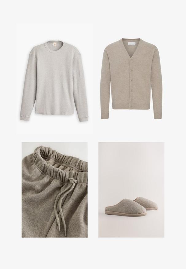 Beige cardigan lavet af blødt stof, med V-udskæring, lukning med syv knapper, ribbede manchetter og kant, med en glat tekstur.; Grå langærmet striktrøje med ribbet tekstur, rund halsudskæring og lige kant. Muddorne er tætsiddende og lavet af blødt stof.; Grå bomulds joggingbukser med elastisk talje og rynket tekstur samt snøre til justering. Glat, blødt stof.; Grå uldtoffler med sildebensmønster, blød tekstur, beige kant og flade, polstrede såler. Letvægts- og åben ryg-design.