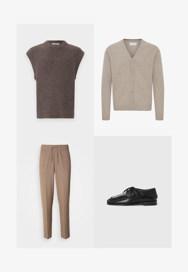 Beige Cardigan aus weichem Stoff, mit V-Ausschnitt, sieben Knöpfen, gerippten Bündchen und Saum sowie einer glatten Textur.; Braun gestricktes ärmelloses Top mit gerippter Textur, hohem Ausschnitt und seitlichen Schlitzen. Verfügt über einen engen Saum und weichen Stoff.; Braune, gewebte Stoffhose mit lockerer Passform, Kordelzugbund und vorderen Falten. Gerade Beine und keine sichtbaren Taschen oder Befestigungen.; Schwarze Lederschuhe mit geflochtenem Design an der Zehenpartie, runder Schnürverschluss und einer flachen, kompakten Sohle. Glatte Textur durchgehend.