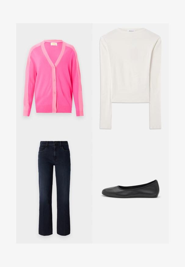 Lyserød cardigan med knapper og lysere lyserød kant langs kraven, knaprækken og ærmerne, vist på en hvid baggrund.; Hvid langærmet top lavet af bomuld, med en simpel rund hals og en slim fit. Stof er glat med en let stræk.; Mother THE MID RISE RAMBLER - Jeans Straight Leg - dunkelblau; Sort læderballetsko med rund tå, glat tekstur, minimal syning og et fleksibelt såldesign.