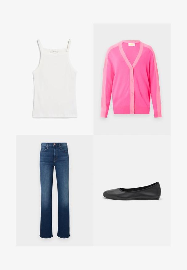 Roze vest met knopen en lichtroze biezen langs de kraag, knopenrij en mouwen, getoond op een witte achtergrond.; Witte tanktop met dunne banden, gemaakt van ribkatoenen stof, met een rechte halslijn en een nette afwerking aan de zoom.; Spijkerbroeken, medium blauw, aangesloten taille, rechte pijp, lichte vervaging bij de zoom, ontwerp met vijf zakken, metalen knoopsluiting.; Zwarte leren ballerina met een ronde neus, gladde textuur, minimale stikdetails en een flexibele zoolontwerp.