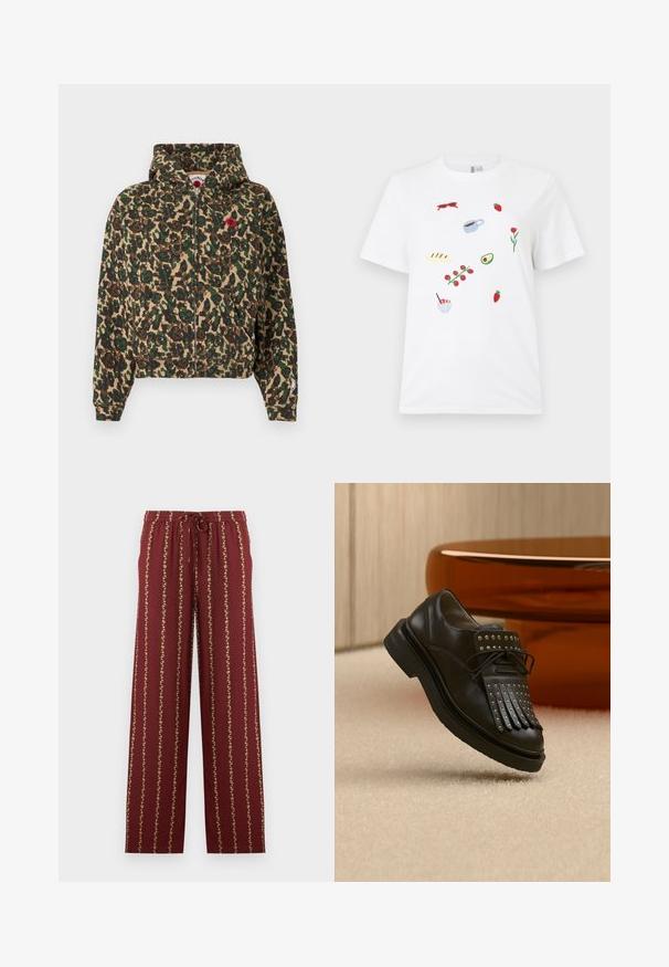 Veste à capuche zippée avec imprimé camouflage floral vert et marron, poches avant, et petit détail de fleur rouge sur la poitrine.; T-shirt blanc avec de petits motifs brodés de lunettes de soleil rouges, fraises, une tasse de café, pain, une grappe de tomates, une moitié d'avocat, fleur et bol à dessert.; Pantalon bordeaux à cordon de serrage avec rayures florales jaunes verticales, taille élastique et coupe droite sur fond blanc.; Chaussure en cuir noire à lacets avec franges décoratives et clous métalliques posée sur un tapis beige près d'un meuble marron.