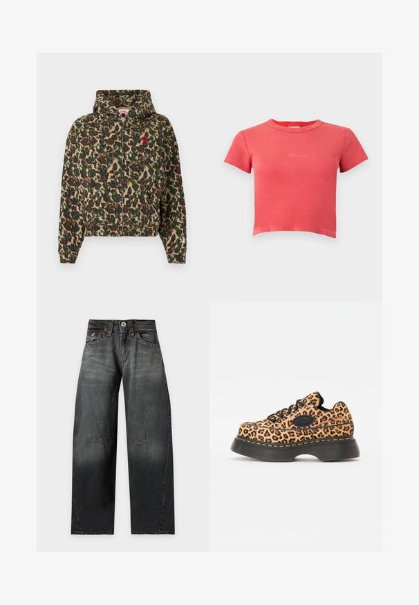 Veste à capuche zippée avec imprimé camouflage floral vert et marron, poches avant, et petit détail de fleur rouge sur la poitrine.; T-shirt court corail côtelé à manches courtes avec encolure ronde et petit logo "element" brodé sur la poitrine, présenté sur un fond uni.; Jean noir à jambes larges avec fermeture par boutons, poches avant et arrière, et détails de coutures visibles sur les jambes.; Baskets plateforme à imprimé léopard avec lacets noirs, matériau texturé et détail de couture jaune sur une épaisse semelle en caoutchouc noire.