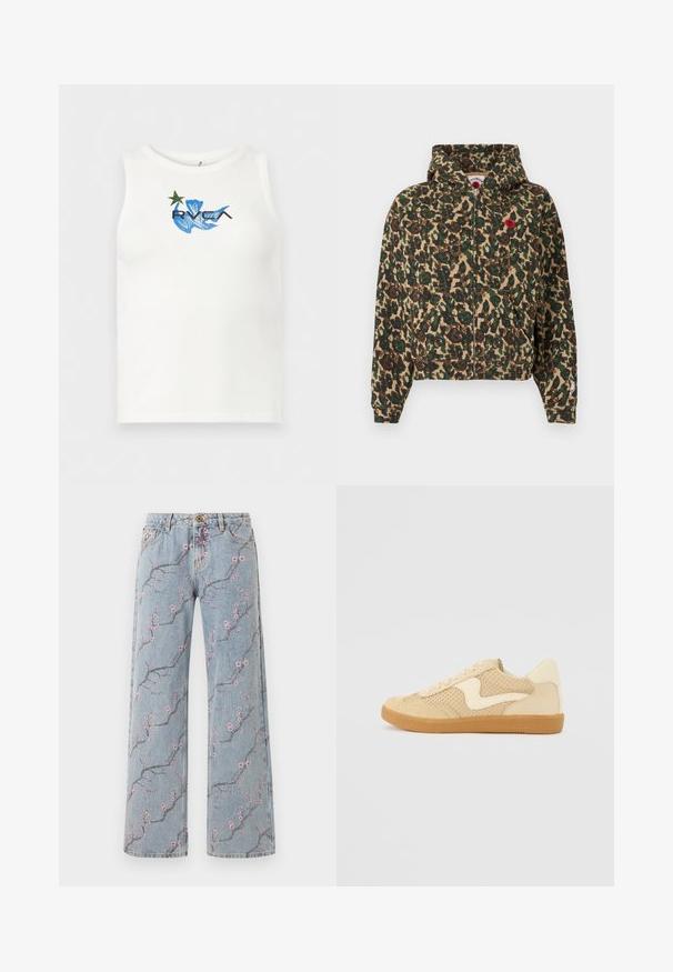 Veste à capuche zippée avec imprimé camouflage floral vert et marron, poches avant, et petit détail de fleur rouge sur la poitrine.; Débardeur blanc sans manches avec un motif abstrait bleu, une étoile verte, et le logo noir "RVCA" centré sur la poitrine.; Jean à jambes larges bleu clair avec imprimé de branche de fleurs de cerisier roses et design traditionnel à cinq poches.; Sneaker beige avec des matériaux en daim et en maille, forme arrondie, col rembourré proéminent et semelle en caoutchouc gomme. Présente un accent de design en forme de vague.