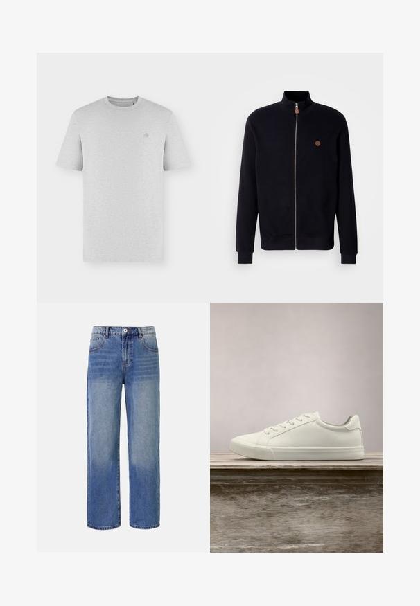 Veste zippée noire avec un col haut, des poignets côtelés et un petit logo rond marron sur la poitrine gauche.; T-shirt uni gris clair à manches courtes, col rond, avec un petit logo brodé discret sur le côté gauche de la poitrine.; Jeans en denim bleu clair à jambes larges avec un motif délavé, cinq poches et une fermeture à glissière. Comprend un bouton et des passants de ceinture à la taille.; Sneaker en dentelle blanche flottant au-dessus d'un banc en bois avec un feuillage vert en arrière-plan, mettant en valeur le design et la texture de la chaussure.
