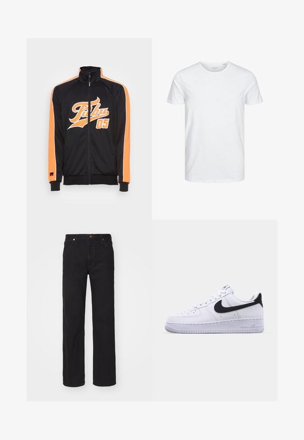 Sort trackjakke med orange accenter, høj krave, fuld lynlås og en markant "FUBU 05" grafik på forsiden. Glat stof tekstur.; Rundhals kortærmet t-shirt i ensfarvet hvid, lavet af blød bomuld, har et simpelt design uden synlige mønstre eller detaljer.; Sorte denimjeans med lige ben, forlommer, bæltestropper og knaplukning på ensfarvet baggrund.; Hvide lædersneakers med en struktureret sort Swoosh, flade snørebånd og en gummisål med et rillemønster. "AIR" er præget på hælen.
