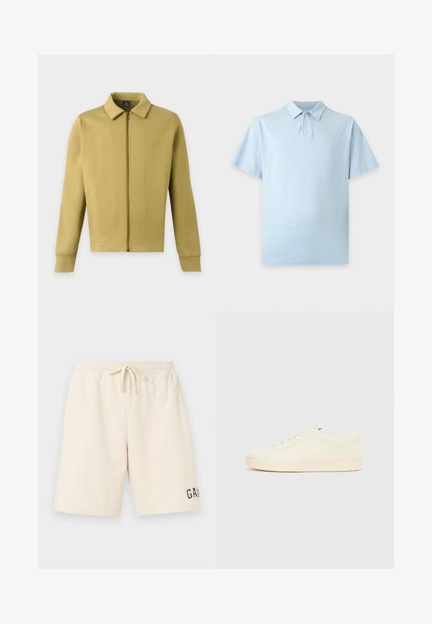 Veste zippée vert olive clair avec col, manches longues et poches avant simples sur fond uni.; Polo bleu clair à manches courtes avec col et deux boutons sur fond blanc uni.; Short beige mi-longue aux genoux avec taille élastique, cordon de serrage et logo noir "GAP" sur la partie inférieure de la jambe gauche.; Baskets couleur crème avec une tige en cuir lisse, bout arrondi, laçage à l'avant et semelle en caoutchouc texturée. Design minimaliste, sans logo.