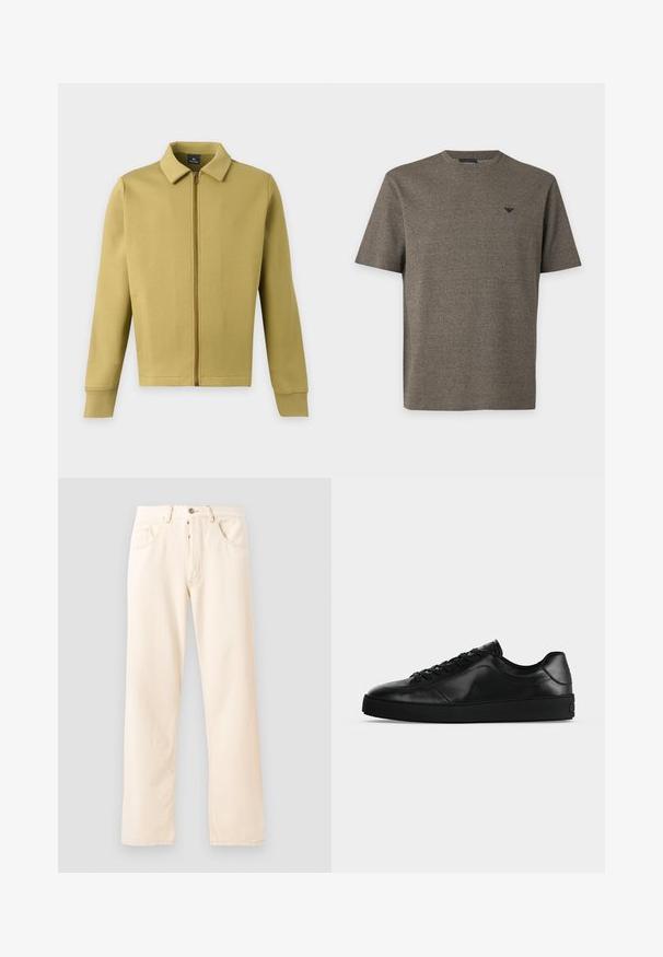 Hellolivgrüne Zip-Up-Jacke mit Kragen, langen Ärmeln und einfachen Vordertaschen auf einfarbigem Hintergrund.; Herren-T-Shirt mit kurzen Ärmeln und Rundhalsausschnitt in strukturiertem Olivgrün mit kleinem schwarzem Logo auf der linken Brust.; Helle beige Denim-Jeans mit geradem Bein, fünf Taschen und einer Knopfverschluss vorne. Nähte sichtbar entlang der Nähte.; Niedrig geschnittener schwarzer Ledersneaker mit Schnürung vorne und strukturierter flacher Sohle, seitlich auf neutralem Hintergrund gezeigt.