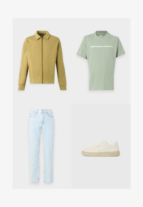 Lichtolijfgroene jas met rits, kraag, lange mouwen en eenvoudige voorzakken op een effen achtergrond.; Lichtgroen T-shirt met korte mouwen en ronde hals, met een witte EMPORIO ARMANI-logo over de borst, weergegeven op een effen achtergrond.; Lichtblauwe jeans met hoge taille en rechte pijpen, met knoop en rits aan de voorkant, twee voorzakken en riemlussen, afgebeeld op een effen achtergrond.; Witte canvas sneakers met een gestructureerde rubberen zool, featuring een gestikte neuskap en logo-accent op de hak. Eenvoudig vetersluiting ontwerp.