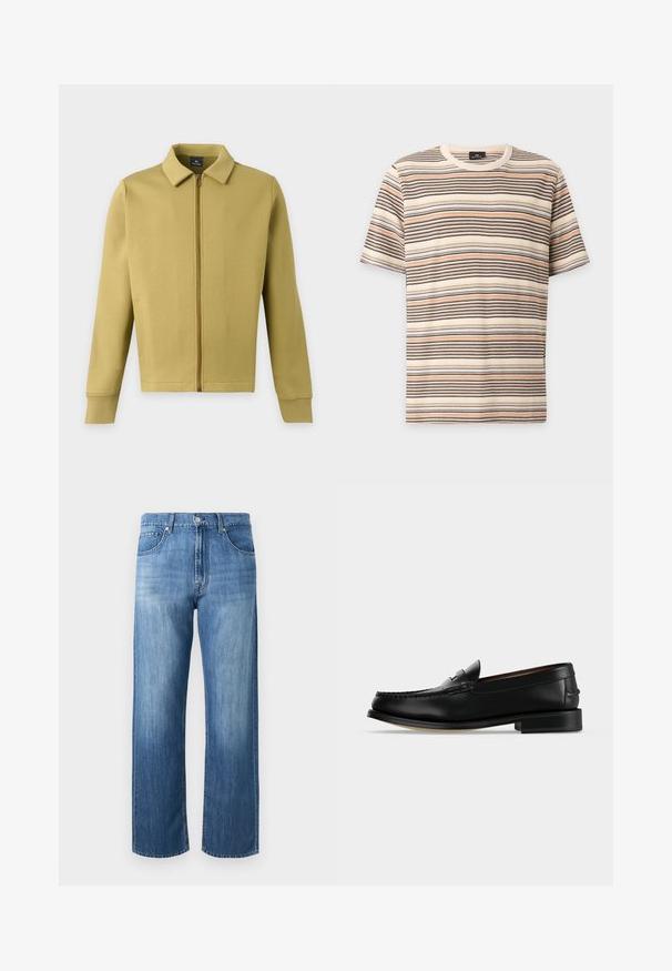 Veste zippée vert olive clair avec col, manches longues et poches avant simples sur fond uni.; T-shirt en maille à manches courtes avec des rayures horizontales dans les couleurs crème, noir, marron et orange, présenté sur un fond clair uni.; Jean en denim bleu droit avec poches avant, passants pour ceinture, fermeture à boutons et zones légèrement décolorées sur les cuisses et les genoux.; Mocassin homme en cuir noir avec un petit talon et une couture de style mocassin sur l'avant, vu de côté sur un fond uni.