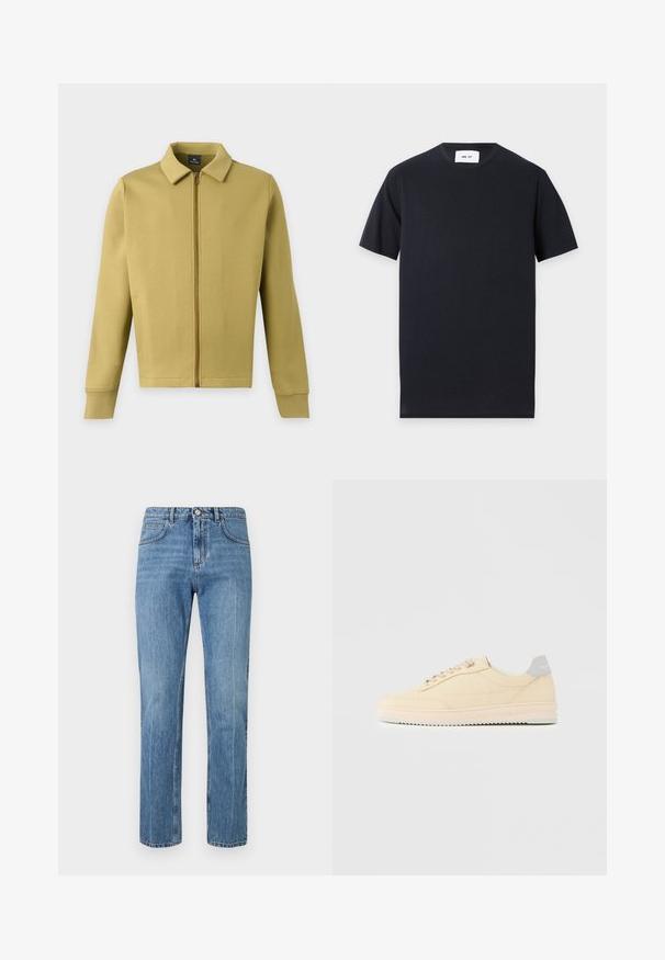 Veste zippée vert olive clair avec col, manches longues et poches avant simples sur fond uni.; T-shirt noir à manches courtes avec col rond et une étiquette blanche à l’intérieur du col sur un fond gris clair.; Jean bleu à taille haute, coupe droite, avec bouton frontale, fermeture éclair, passants de ceinture et design à cinq poches sur fond blanc.; Baskets basses beige à lacets, semelle rose clair et languette grise à l'arrière marquée "Filling Pieces", vues de profil sur fond uni.