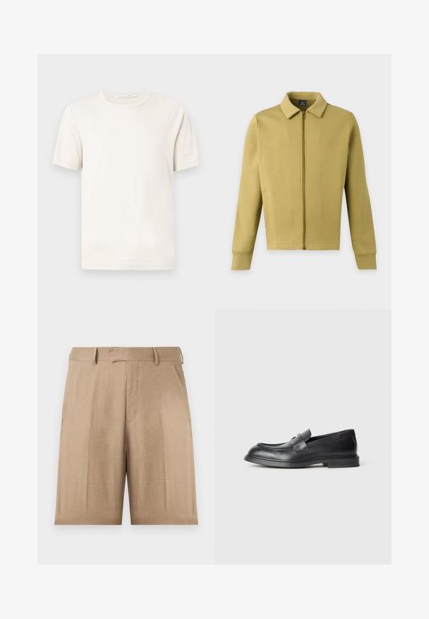 Veste zippée vert olive clair avec col, manches longues et poches avant simples sur fond uni.; T-shirt blanc uni à manches courtes et col rond, avec étiquette "Tiger of Sweden" sur le col, présenté sur un fond gris clair.; Short beige jusqu’au genou, ajusté, avec passants pour ceinture, poches latérales et fermeture avant à crochet et barre sur fond blanc.; Mocassins en cuir noir avec une finition texturée, dotés d'une bride décorative à l'avant et d'un bout arrondi. Semelle en caoutchouc pour plus de durabilité.