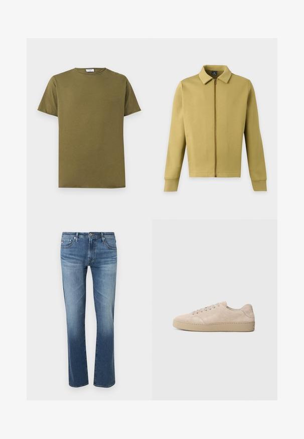 Veste zippée vert olive clair avec col, manches longues et poches avant simples sur fond uni.; T-shirt en coton uni vert olive à manches courtes, col rond, avec une étiquette de marque blanche visible à l'intérieur du col.; Jean bleu délavé pour homme, coupe droite, avec fermeture à boutons et zip à l'avant, poches avant et arrière, présenté sur fond blanc.; Baskets en daim beige avec un bout rond, des lacets plats et une semelle en caoutchouc texturé. Design minimaliste avec des bords lisses et des coutures discrètes.