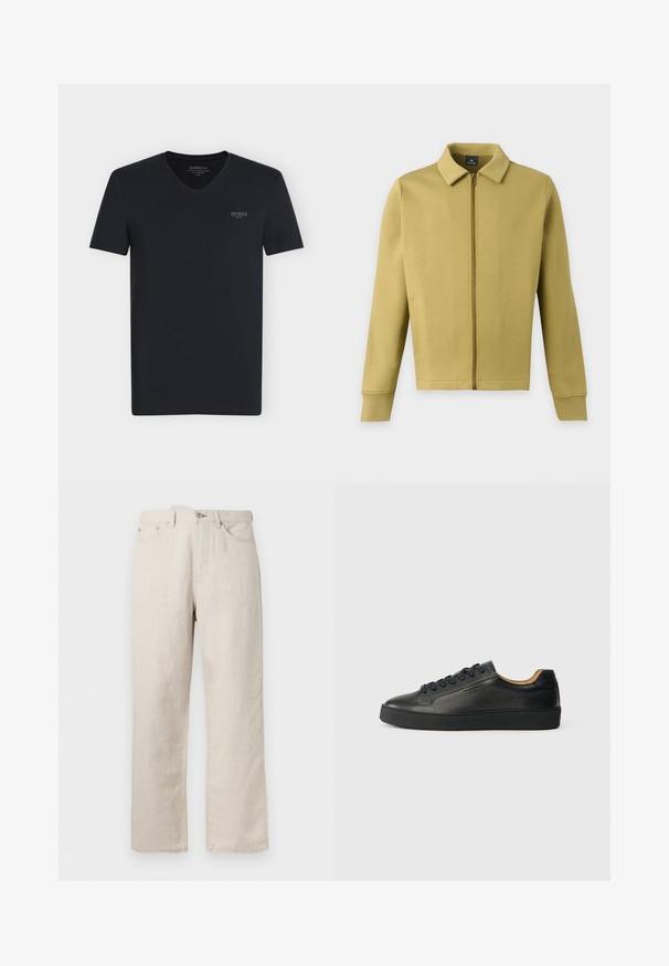 Veste zippée vert olive clair avec col, manches longues et poches avant simples sur fond uni.; T-shirt noir à manches courtes avec col en V et petit logo "GUESS" sur le côté gauche de la poitrine, présenté à plat sur fond blanc.; Jean beige à jambes droites avec cinq poches, passants pour ceinture, fermeture avant par bouton et zip.; Baskets basses en cuir noir avec surface texturée, lacets noirs et semelle en caoutchouc épaisse, présentées de côté sur un fond clair.