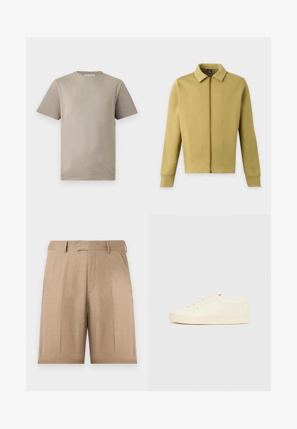 Light olive green zip-up jacket with collar, long sleeves, and simple front pockets on a plain background.; Beige short-sleeve crewneck cotton t-shirt with a small label at the back neck, front-facing on a white background.; Beige knee-length tailored shorts with belt loops, side pockets, and a front hook-and-bar closure against a white background.; Cream-colored sneaker with a smooth leather upper, rounded toe, lace-up front, and a textured rubber sole. Minimalist design, no logos.