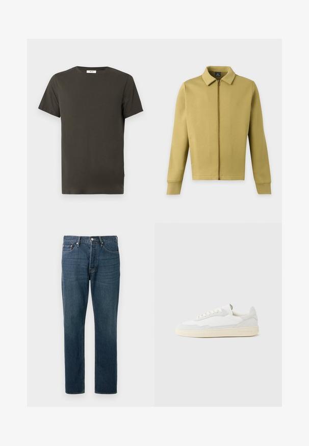 Veste zippée vert olive clair avec col, manches longues et poches avant simples sur fond uni.; T-shirt à manches courtes col rond couleur vert olive foncé avec une petite étiquette blanche sur la couture latérale inférieure sur fond blanc.; Jean en denim bleu foncé avec une coupe droite, cinq poches et des coutures apparentes. Doté d'un bouton en métal et d'une fermeture éclair.; Baskets blanches avec dessus en daim et cuir texturé. Caractérisées par un bout arrondi, une fermeture à lacets et une semelle en caoutchouc beige contrastante.
