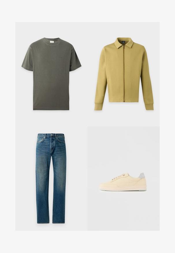 Veste zippée vert olive clair avec col, manches longues et poches avant simples sur fond uni.; T-shirt uni vert olive à manches courtes et col rond avec un logo discret sur la poitrine, présenté sur un fond gris clair.; Jeans en denim bleu avec une coupe droite, présentant un style à cinq poches, un léger délavage et des accents de couture contrastants.; Baskets basses beige à lacets, semelle rose clair et languette grise à l'arrière marquée "Filling Pieces", vues de profil sur fond uni.