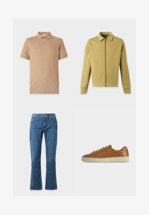 Veste zippée vert olive clair avec col, manches longues et poches avant simples sur fond uni.; Polo beige à manches courtes avec deux boutons et un logo brodé discret sur la poitrine gauche, présenté sur un fond uni.; Jean en denim bleu avec taille mi-haute, fermeture par bouton et zip, poches avant et arrière, et jambes légèrement évasées sur un fond clair.; Baskets basses en cuir marron avec lacets crème et semelle épaisse en caoutchouc crème, vues de profil sur fond blanc.