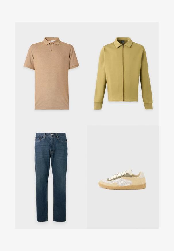 Veste zippée vert olive clair avec col, manches longues et poches avant simples sur fond uni.; Polo beige à manches courtes avec deux boutons et un logo brodé discret sur la poitrine gauche, présenté sur un fond uni.; Jean en denim bleu foncé avec une coupe droite, cinq poches et des coutures apparentes. Doté d'un bouton en métal et d'une fermeture éclair.; Baskets basses en daim beige, panneaux en maille blanche, accents olive, lacets blancs et semelle en caoutchouc naturel sur fond gris clair.