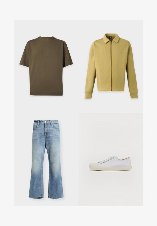 Veste zippée vert olive clair avec col, manches longues et poches avant simples sur fond uni.; T-shirt uni vert olive à manches courtes, col rond et petit logo "BOSS" à l'arrière du col.; Jean bleu clair taille haute jambe large, fermeture devant par bouton et zip, deux poches avant et délavage subtil sur les cuisses et les genoux.; Baskets en toile blanches avec bout rond, semelle plate en caoutchouc crème, six oeillets pour les lacets et détails de couture subtils sur la tige.