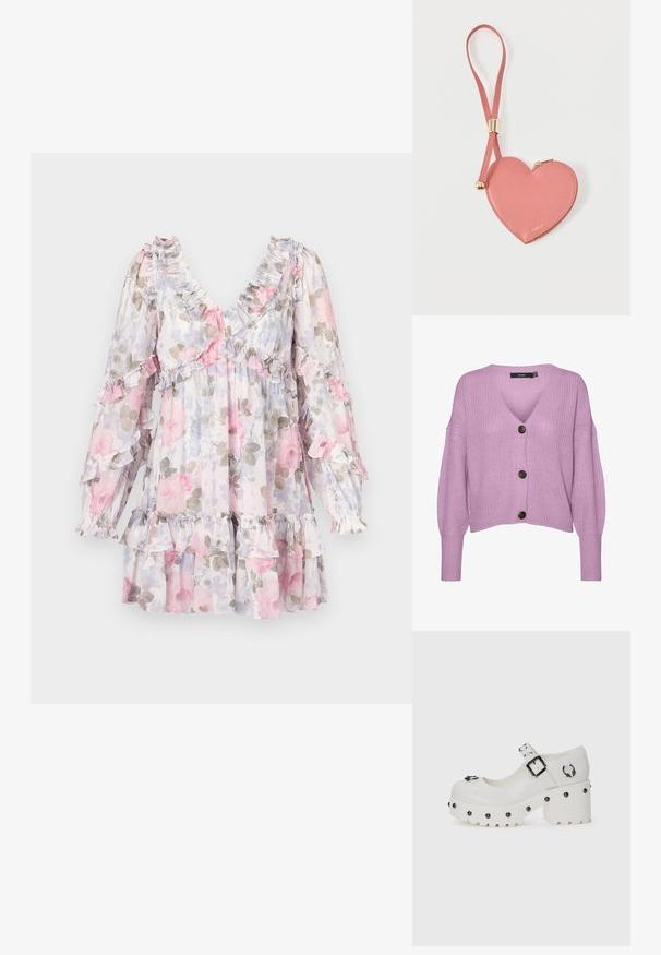 Vero Moda VMLEA V NECK CUFF CARDIGAN - Ζακέτα - pastel lavender; Φλοράλ φόρεμα με ροζ και γκρίζα τριαντάφυλλα σε ανοιχτό φόντο. Διαθέτει στρωτό λαιμόκοψη και μανίκια με βολάν, καθώς και επίπεδη, βολάν στα τελειώματα.; Λευκά πλατφόρμα παπούτσια με στρογγυλή μύτη, λουρί με αγκράφα και κυκλικά στρας. Υφή στη σόλα με ελαφρύ τακούνι και διακοσμητική λεπτομέρεια.; Ροζ δερμάτινο πουγκί για κέρματα σε σχήμα καρδιάς με λουράκι για τον καρπό και χρυστό φερμουάρ, με μικρό χρυσό λογότυπο «Furla».