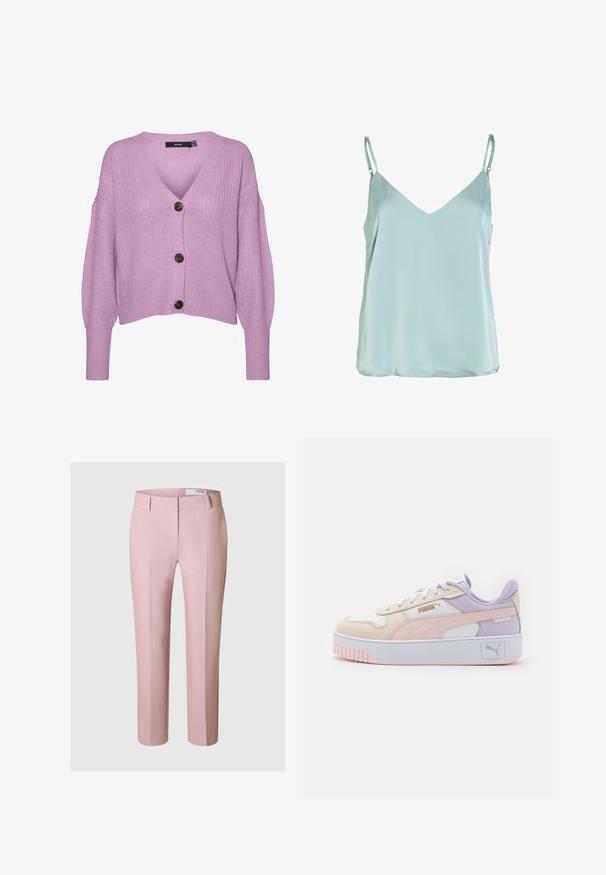 Vero Moda VMLEA V NECK CARDIGAN - Ζακέτα - pastel lavender; Ανοιχτό μπλε αμάνικη μπλούζα με ρυθμιζόμενους λεπτούς ιμάντες και V-λαιμόκοψη, κατασκευασμένη από λείο, ρέον ύφασμα.; Ροζ παντελόνια προσαρμοσμένα, με λεία υφή, κλασικό σχέδιο, κουμπώματα μπροστά και εφαρμοστό στη μέση. Χωρίς ορατό εξοπλισμό ή σχέδια.; Ανδρικά αθλητικά παπούτσια σε κρεμ, ροζ και λεβάντα, κατασκευασμένα από συνθετικό δέρμα, με λευκές κορδόνες, χοντρή λευκή σόλα και χρυσές λεπτομέρειες λογότυπου.