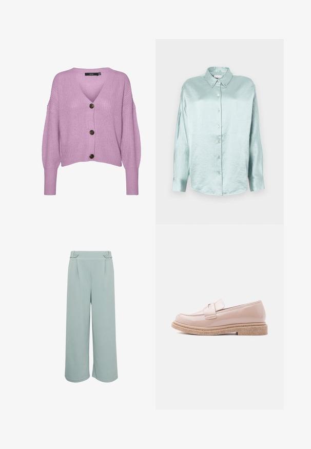 Vero Moda VMLEA V NECK CARDIGAN - Strickjacke - pastel lavender; Hellblaue Knopfhemd aus glänzendem, weichem Stoff; mit Kragen, langen Ärmeln und abgerundetem Saum in lockerer Passform.; Hellblaue, weit geschnittene Hosen mit glatter Textur, ausgestattet mit zwei Vorderfalten und dekorativen Knopfakzenten am Bund.; Glänzender blassrosa Slipper mit strukturierter beiger Sohle und passendem Riemen über dem Obermaterial, seitlich auf hellem Hintergrund dargestellt.