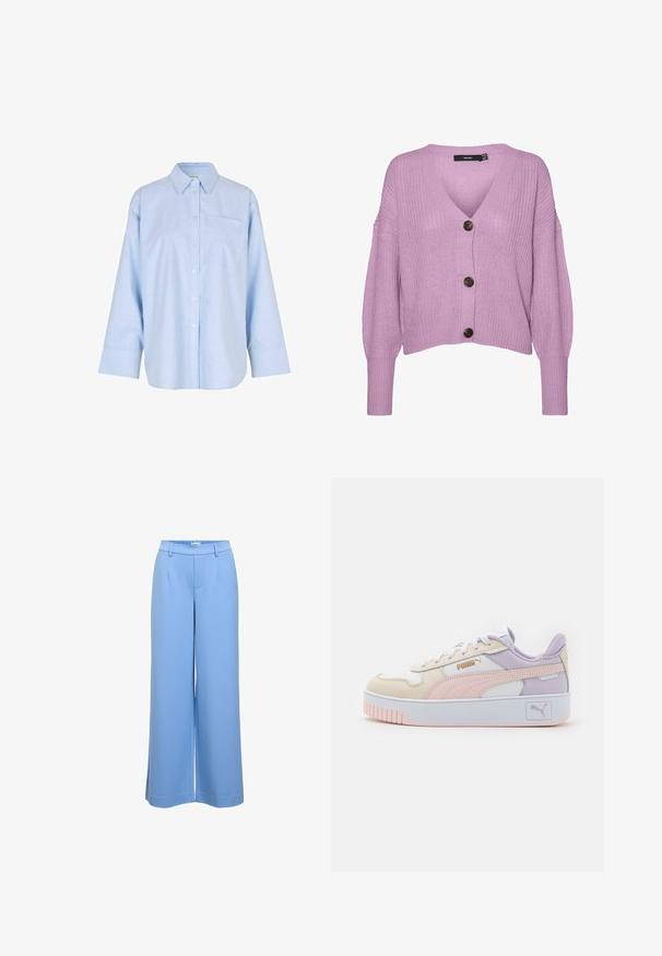 Vero Moda VMLEA V NECK CARDIGAN - Strickjacke - pastel lavender; Helles blaues, langärmliges Hemd mit Knopfleiste aus einem weichen, leichten Stoff. Verfügt über eine Brusttasche und ein klassisches Kragen-Design.; Hellblaue weit geschnittene Hose mit glatter Textur, gefalteter Vorderseite und elastischem Bund. Verfügt über ein maßgeschneidertes Design und seitliche Taschen.; Herren-Sneaker in Creme, Pink und Lavendel, aus synthetischem Leder, mit weißen Schnürsenkeln, einer dicke weißen Sohle und goldenen Logo-Akzenten.