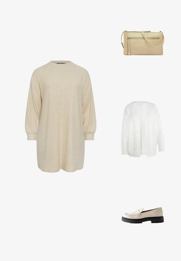 Cardigan blanc tricoté avec un motif en câble, à l'avant ouvert et à coupe ample. Accents côtelés aux poignets et à l'ourlet, fabriqué à partir de fil doux.; Robe beige à côtes avec un col rond haut et de longues manches bouffantes. Texture douce, coupe au genou et discret motif vertical.; Mocassins en cuir verni beige avec un bout arrondi, une semelle en caoutchouc noire épaisse et un accent cousu sur le devant.; Sac bandoulière en cuir beige avec deux compartiments zippés et une longue sangle réglable, petit logo de la marque au centre devant.