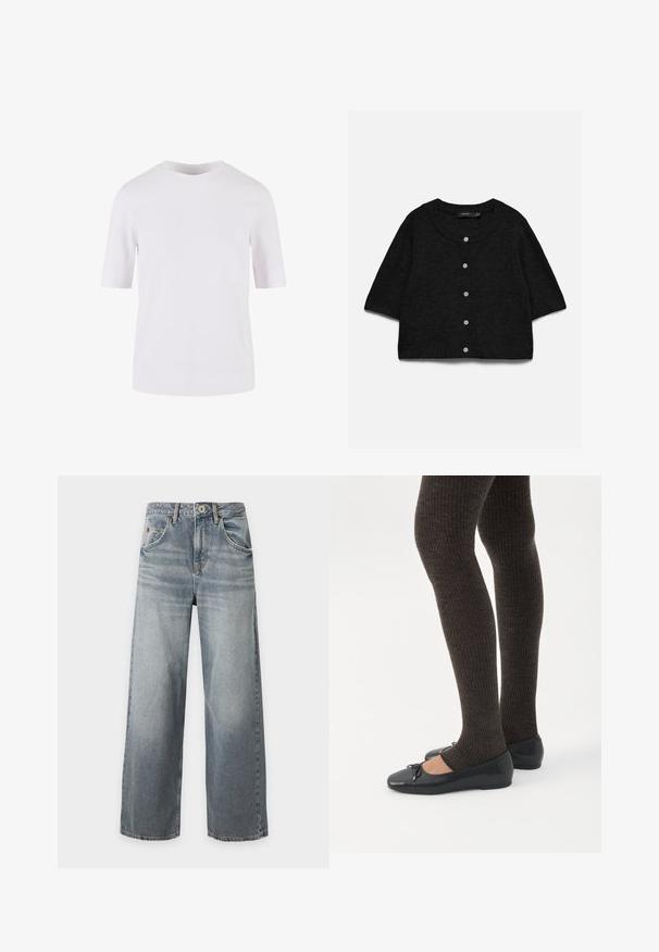 Cardigan noir à manches courtes en tricot avec cinq boutons gris sur le devant et un col arrondi.; T-shirt blanc à manches courtes en coton lisse. Doté d'un col rond et d'une coupe droite, sans motifs ni ornements.; Jean bleu clair à jambes larges avec effet délavé, fermeture devant par bouton et zip, poches avant et arrière, passants pour ceinture, posé à plat sur fond blanc.; Jambes portant des leggings côtelés foncés associés à des ballerines noires avec de petits détails en nœud sur fond blanc.