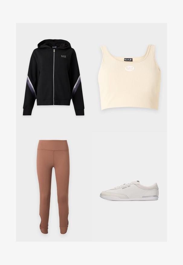 Sweat à capuche zippé noir avec fermeture éclair argentée et bandes argentées marquées sur les manches avec l'inscription EA7 Emporio Armani.; Débardeur court beige côtelé avec larges bretelles et logos EA7 Emporio Armani sur la poitrine et le col intérieur.; Leggings marron taille haute avec détails froncés à la cheville, présentés sur un fond clair uni.; Baskets basses blanc cassé et beige à lacets, avec des détails en cuir lisse et en daim, arborant un petit logo Michael Kors sur le côté.