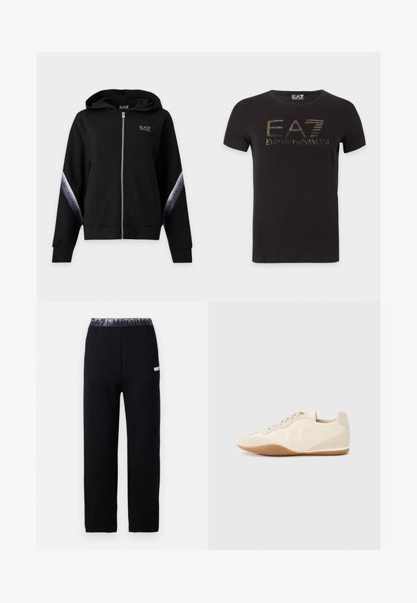 Must kapuutsiga lukuga dressipluus hõbedase luku ja bränditud hõbedaste triipudega varrukatel, millel on kiri EA7 Emporio Armani.; Must lühikeste varrukatega T-särk, millel on kuldne EA7 Emporio Armani logo rinnal valgel taustal.; Mustad mustreid dressipüksid, millel on sile ja pehme tekstuur. Elastsest materjalist vöökohaosa logoga ning külgmise detailiga. Sirge säärepikkus.; Heledad beeži vabaajajalatsid, millel on tekstuuriga nahast pealse, tekstuuriga küljepaneelid ja kummist tallad. Omaduseks on peenike, voolujooneline disain ja lamedad paelad.