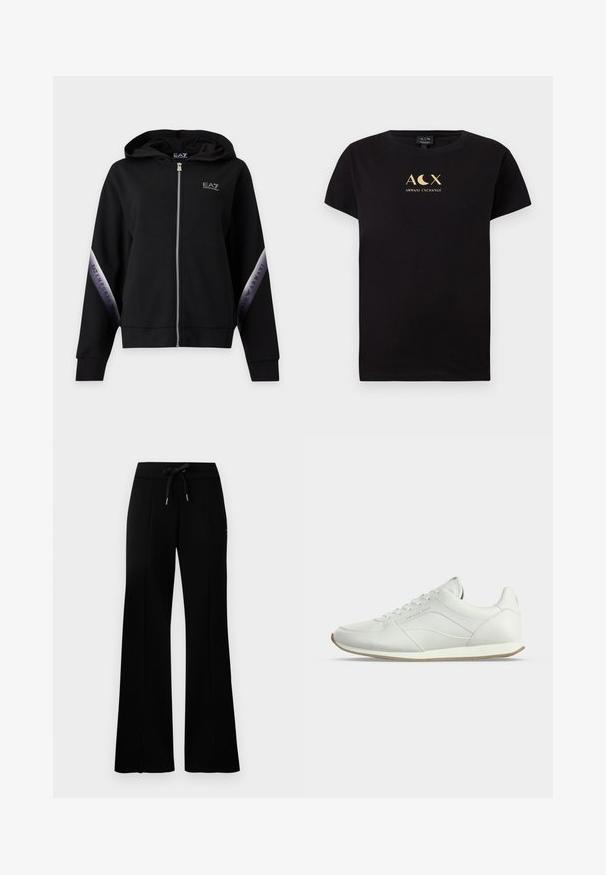 Sort hættetrøje med lynlås med sølv lynlås og mærkede sølvstriber på ærmerne med teksten EA7 Emporio Armani.; Sort bomulds t-shirt med korte ærmer, der har et guld logo design, som inkluderer teksten "ACX" og "ARMANI EXCHANGE".; Sorte brede sweatpants med en yndlingssnor i taljen, sidelommer, blødt stof og et elegant design.; Hvid lavtliggende lædersneaker med snørelukning foran, diskrete syningsdetaljer og beige gummisål på ensartet lys baggrund.
