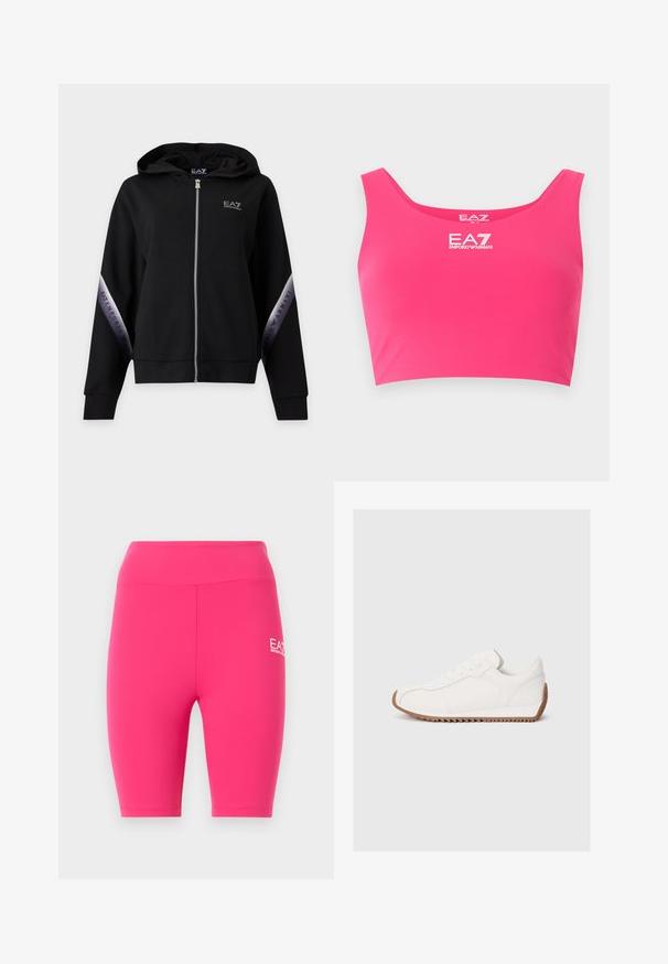 Sweat à capuche zippé noir avec fermeture éclair argentée et bandes argentées marquées sur les manches avec l'inscription EA7 Emporio Armani.; Crop top rose vif avec larges bretelles et logo blanc "EA7 Emporio Armani" centré près de l'encolure.; Shorts de cyclisme taille haute rose vif avec un logo blanc EA7 Emporio Armani sur la cuisse droite, présentés sur un fond clair uni.; Baskets blanches avec tige en cuir lisse, semelle en caoutchouc texturée, bout rond et détails de couture subtils. Semelle extérieure en caoutchouc marron contrastante.