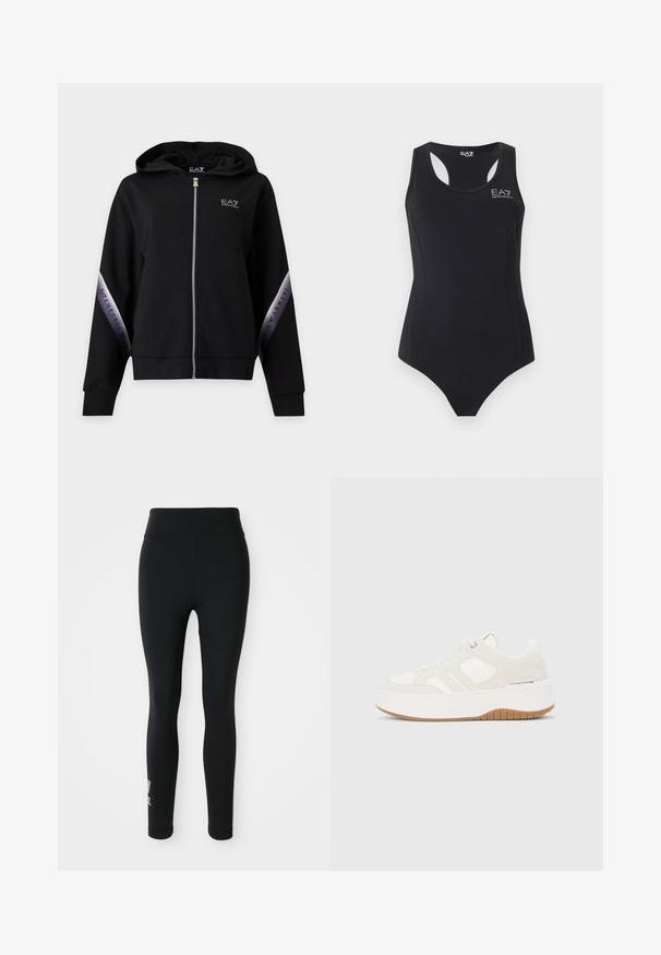 Sudadera negra con capucha y cremallera plateada, con rayas plateadas con la marca en las mangas que dicen EA7 Emporio Armani.; Bañador de una pieza negro sin mangas con espalda de corredor y logo blanco de EA7 Emporio Armani en el pecho.; Leggings negros hechos de tela elástica, con una cintura alta y un pequeño logotipo impreso en una pierna. Textura suave, diseño ajustado.; Zapatilla de plataforma blanca y beige con cordones en la parte delantera, suela de goma, marca lateral y detalles de paneles cosidos.
