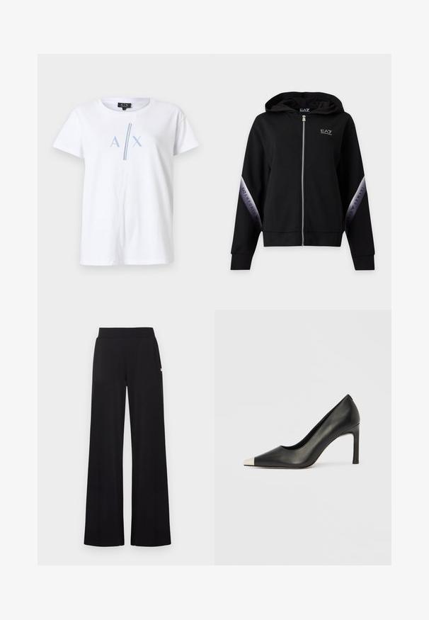 Sweat à capuche zippé noir avec fermeture éclair argentée et bandes argentées marquées sur les manches avec l'inscription EA7 Emporio Armani.; T-shirt en coton blanc à manches courtes, avec un motif bleu "A X" et une bande verticale bleue. Encolure ras-du-cou classique.; Pantalon noir à jambes larges avec une taille ajustée, réalisé dans un tissu lisse. Comprend des poches latérales discrètes et des accents matériels minimalistes.; Chaussure à talon haut en cuir noir avec bout pointu et capuchon argenté métallique. Présente une finition lisse et un talon fin de 10 cm.
