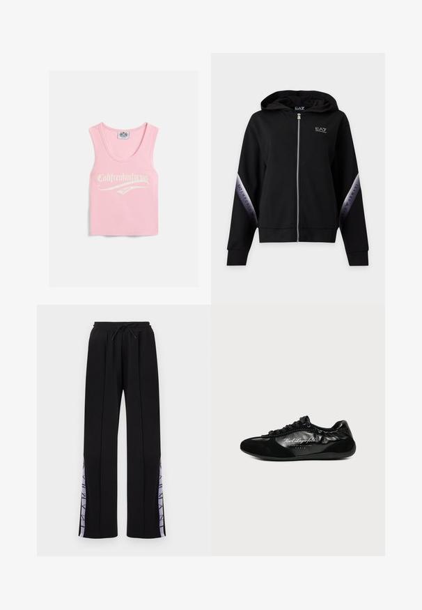 Čierna mikina s kapucňou na zips so strieborným zipsom a značkovými striebornými pásmi na rukávoch s nápisom EA7 Emporio Armani.; Ružový rebrovaný tielko s výstrihom do lodičky, na prednej strane s bielym textom "Califreakinfornia Juicy".; Čierne tepláky s rovnými nohavicami, s elastickým pásom a šnúrkou, so sivofialovými bočnými panelmi s nápisom "ARMANI".; Čierny nízkoprofilový teniska z kombinovanej kože a semišu, so šnurovaním a logom "Karl Lagerfeld Paris" na boku.
