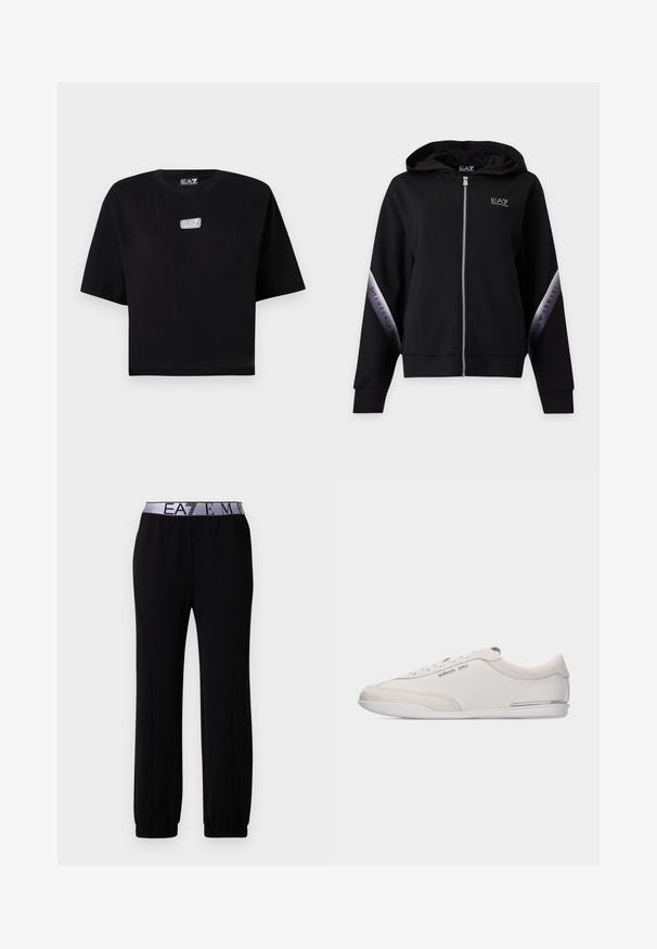 Sweat à capuche zippé noir avec fermeture éclair argentée et bandes argentées marquées sur les manches avec l'inscription EA7 Emporio Armani.; T-shirt noir court à manches courtes avec un petit logo EA7 Emporio Armani gris et blanc sur la poitrine et à l'intérieur de l'encolure.; Pantalon de sport noir en tissu doux, doté d'une large ceinture élastique avec le logo "EA7", de poignets resserrés et d'une texture lisse.; Baskets basses blanc cassé et beige à lacets, avec des détails en cuir lisse et en daim, arborant un petit logo Michael Kors sur le côté.