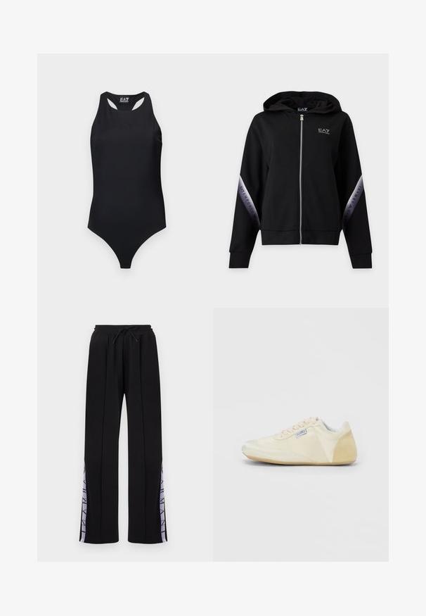 Sweat à capuche zippé noir avec fermeture éclair argentée et bandes argentées marquées sur les manches avec l'inscription EA7 Emporio Armani.; Body noir une pièce sans manches avec dos nageur et logo EA7 Emporio Armani subtilement embossé sur la poitrine.; Pantalon de survêtement noir à jambes droites avec taille élastique et cordon de serrage, présentant des panneaux latéraux lavande avec le texte "ARMANI".; Baskets basses blanc cassé avec talon en daim, lacets et une petite étiquette en tissu sur le côté, présentées de profil sur un fond uni.