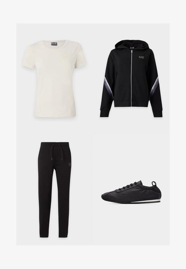 Čierna mikina s kapucňou na zips so strieborným zipsom a značkovými striebornými pásmi na rukávoch s nápisom EA7 Emporio Armani.; Svetlo béžové tričko s krátkym rukávom vyrobené z jemného materiálu, s okrúhlym výstrihom a jemným vzorom na prednej strane blízko hornej ľavej časti.; Čierne priliehavé tepláky s elastickým pásom a šnúrkou, s malým logom "EA7 Emporio Armani" na ľavom stehne.; Čierna nízka teniska s textúrou, so šnurovaním, elastickým golierom okolo členka, ťahákom na päte a tenkým bielym pruhom na podrážke.
