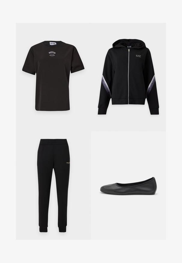Sort hættetrøje med lynlås med sølv lynlås og mærkede sølvstriber på ærmerne med teksten EA7 Emporio Armani.; Sort bomulds T-shirt med korte ærmer, med en rund halsudskæring og et hvidt broderet logo "Moschino Jeans" på brystet.; Sorte, tilspidsede sweatpants med elastisk talje og manchetter, med lille gyldent "Armani Exchange"-logo på højre lår.; Sort læderballetsko med rund tå, glat tekstur, minimal syning og et fleksibelt såldesign.