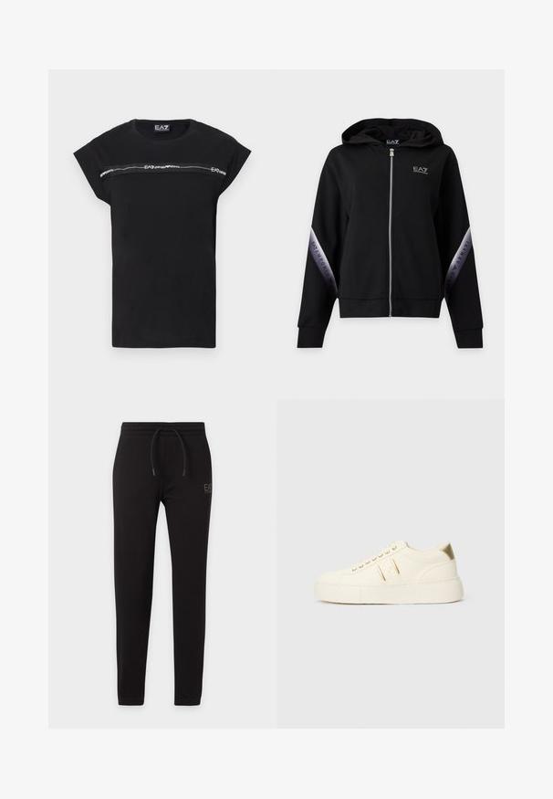 Svart hettegenser med glidelås i sølv og merkede sølvstriper på ermene med teksten EA7 Emporio Armani.; Svart t-skjorte med korte oppbrettede ermer, med et horisontalt grått logobånd over brystet. Laget av mykt bomullsmateriale.; Svarte slim-fit joggebukser med elastisk midje og snøring, med liten "EA7 Emporio Armani" logo på venstre lår.; Kremfargede lave sneakers med gullakenter, snørebånd og preget "Armani Exchange" merkevare på sålen og sidepatchen.