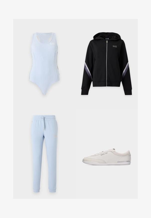 Sweat à capuche zippé noir avec fermeture éclair argentée et bandes argentées marquées sur les manches avec l'inscription EA7 Emporio Armani.; Justaucorps de sport bleu clair sans manches avec dos nageur et petit logo blanc EA7 sur le haut du côté gauche de la poitrine.; Pantalon de jogging bleu clair avec chevilles élastiquées, taille à cordon, poches latérales et logo texte discret sur la cuisse gauche.; Baskets basses blanc cassé et beige à lacets, avec des détails en cuir lisse et en daim, arborant un petit logo Michael Kors sur le côté.