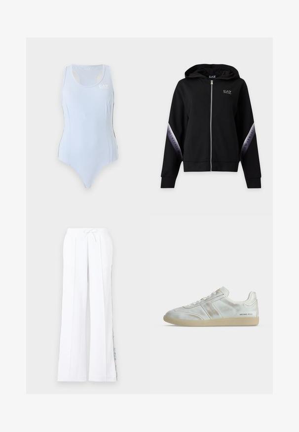 Sweat à capuche zippé noir avec fermeture éclair argentée et bandes argentées marquées sur les manches avec l'inscription EA7 Emporio Armani.; Justaucorps de sport bleu clair sans manches avec dos nageur et petit logo blanc EA7 sur le haut du côté gauche de la poitrine.; Pantalon blanc à jambes larges avec une taille élastique et un cordon de serrage, présentant un discret dessin graphique bleu le long des coutures extérieures.; Baskets basses blanches avec semelle beige, fermeture à lacets sur le devant, petits plis subtils et logo "MICHAEL KORS" près du talon côté extérieur.