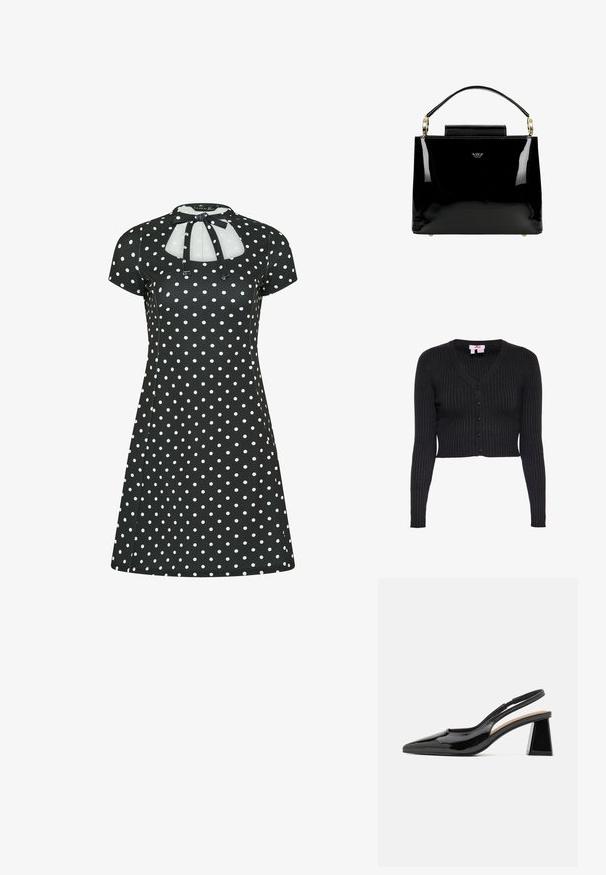 Zwarte geribde, korte gebreide cardigan met lange mouwen, V-hals en vijf knopen aan de voorkant, maat small.; Zwarte A-lijn jurk met korte mouwen, witte polkadots, keyhole-halslijn en strikdetail bij de kraag.; Zwarte gepatineerde slingback hakken met een spitse neus, voorzien van een unieke geometrische blokhak en een gladde textuur. Verstelbare band voor ondersteuning.; Zwarte gepatenteerde leren handtas met een gestructureerd ontwerp, voorzien van een bovenhandvat, gouden hardwareaccenten en een kleine klep aan de voorkant.